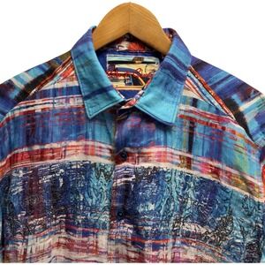 Robert Graham Mens L Classic Calabasas Multicolor Abstract Linen Flip Cuff Shirt